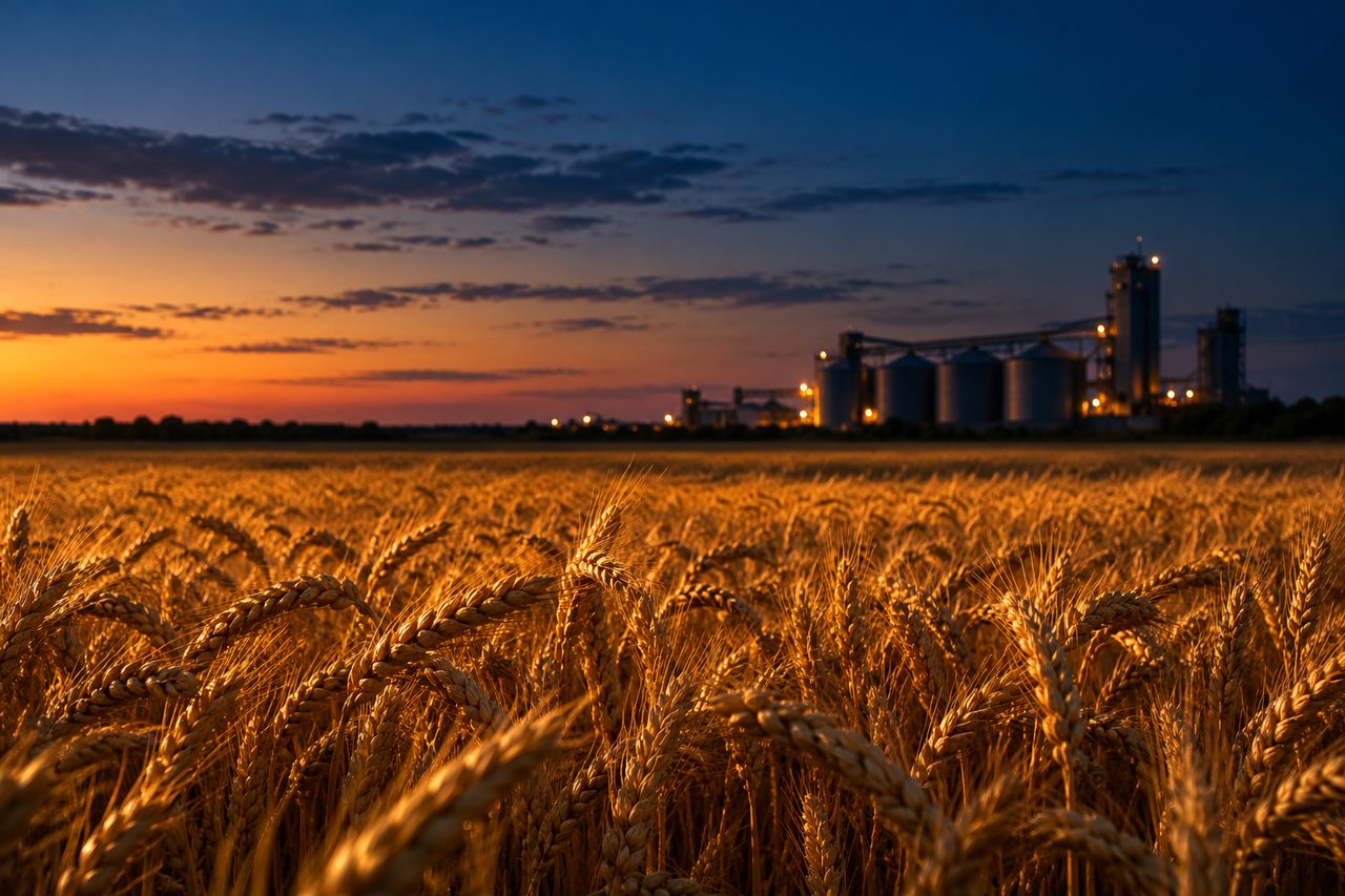 Champ de blé au crépuscule avec silos à grains